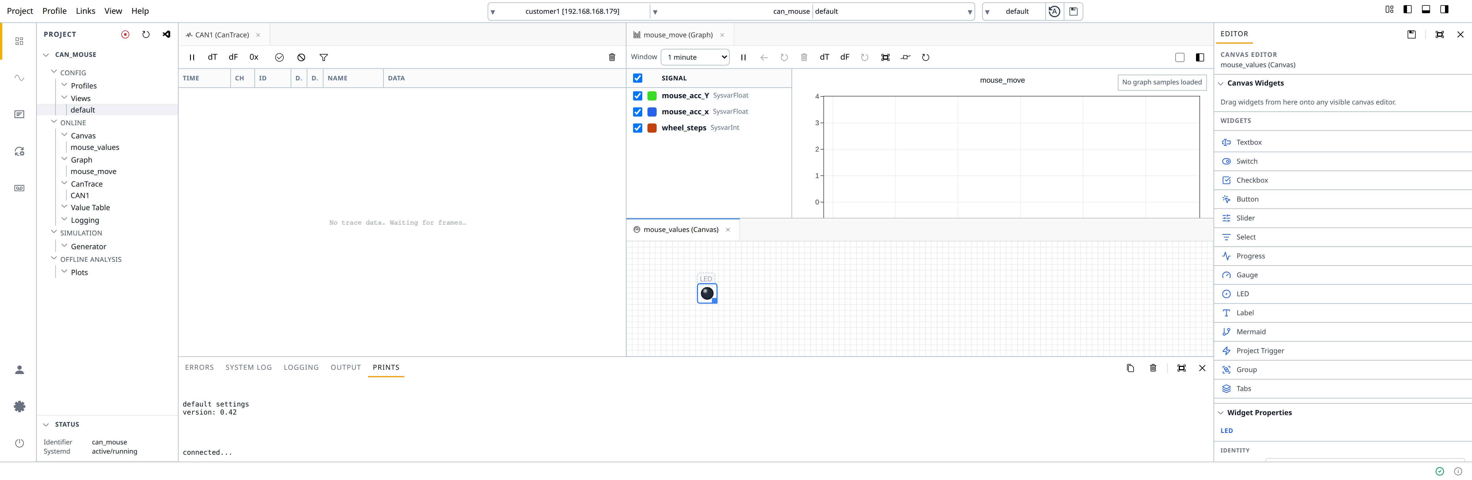 pyCANdo browser workbench with graph, CAN trace, and dashboard editor